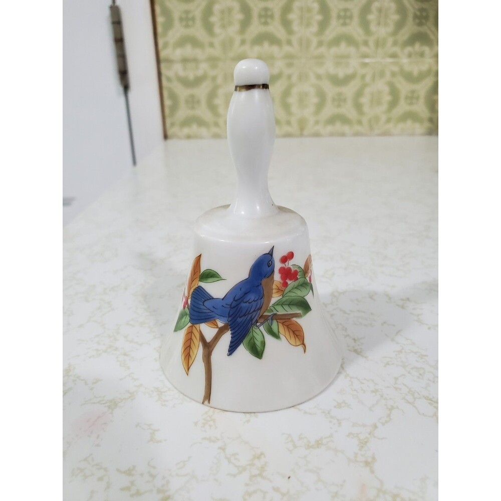 Vintage Lefton Japan Porcelain Bell with Blue Birds in Tree, 3 7/8" Tall